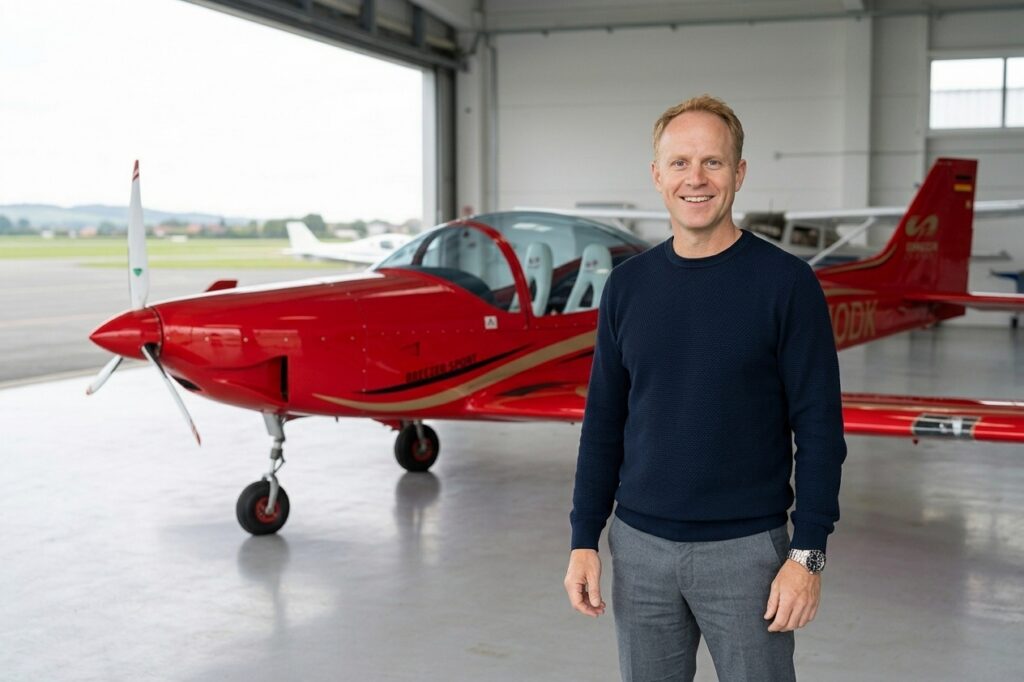 Daniel Ringershauser steht vor dem roten Breezer Sport im Hangar